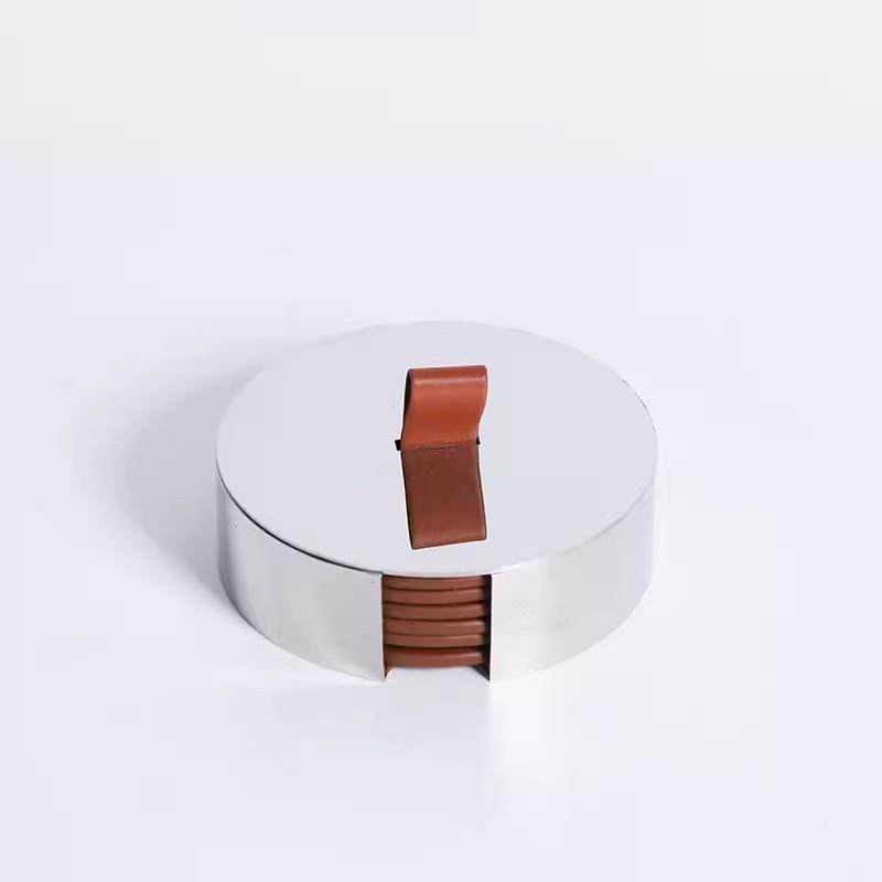 轻奢意式设计隔热垫圆形不锈钢皮革垫杯桌面样板间玄关装饰摆件,淘宝优惠券,粉丝福利购,淘宝优惠卷