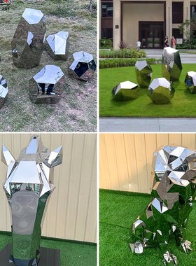 大型不锈钢几何块面鹿雕塑石头广场园林景观镜面动物落地摆件定制