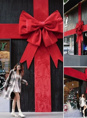 新年大型丝绒布蝴蝶结装饰道具店铺橱窗户外O门头节日氛围布置圣