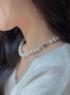 天然澳母贝珍珠项链925银蓝宝扣强光高品质贝珠澳白项链