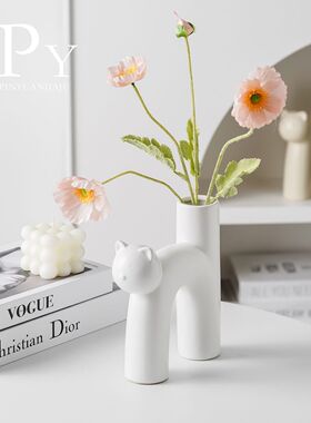 猫形花瓶北欧风招财猫纯色陶瓷花瓶新年生日高颜值桌面摆件