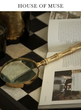 缪斯家 手工黄铜镶嵌放大镜牛骨做旧手柄客厅书房复古风装饰摆件