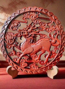 桃木麒麟摆件实木雕挂件财国结挂饰玄中客厅招关吊坠门口家居壁挂