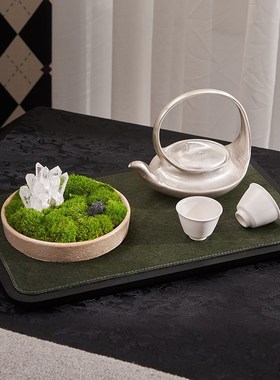邸高家居样板房客厅茶几小绿植青苔摆件茶台银色茶具软装氛围摆件