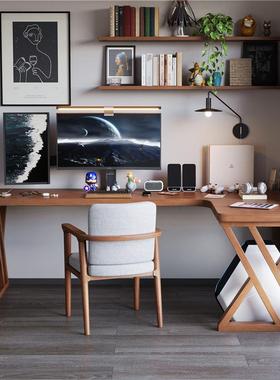 严选实木转角电脑桌拐角l型书桌书架一体电竞桌双人小户型办公桌