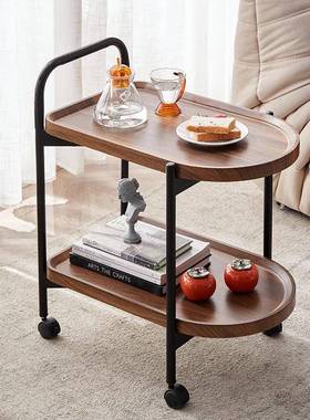 现代简约胡桃色沙发旁置物架北欧小茶几桌带轮可移动家用客厅边几