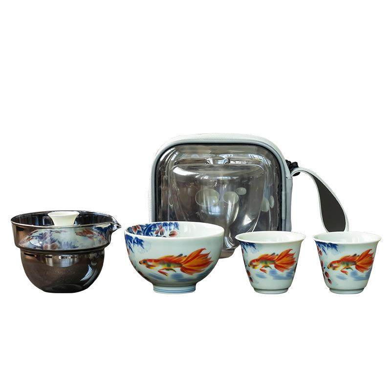 年年有余旅行茶具陶瓷快客杯一壶二杯泡茶盖碗茶杯户外露营便携式,淘宝优惠券,粉丝福利购,淘宝优惠卷