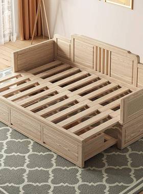 白蜡木新中式全实木推拉罗汉床小户型伸缩储物床简约多功能沙发床