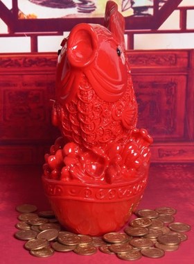 年年有鱼存钱罐红色鲤鱼储蓄罐可存可取新房乔迁礼品新年礼物摆件