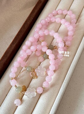 新中式天然粉水晶手串新款闺蜜手链手饰福牌搭配和田玉时尚搭配