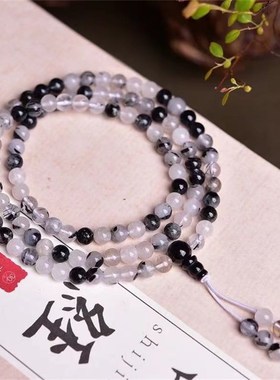 天然黑发晶108佛珠手链 钛晶黑色水墨水晶多圈能量手链