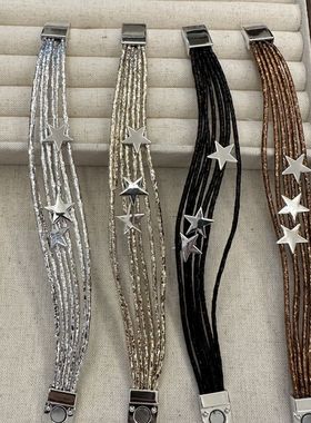 毛绒pu手链波西米亚风小众设计PU皮多层手镯甜酷星星磁吸手链百搭