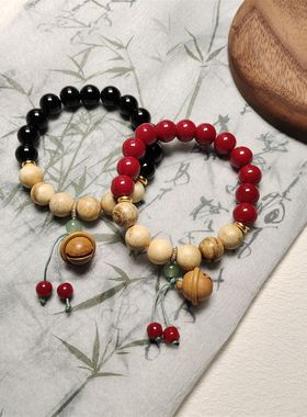 新中式手链女禅意小众奶香桃木铃铛古风转运珠手串摆地摊手饰