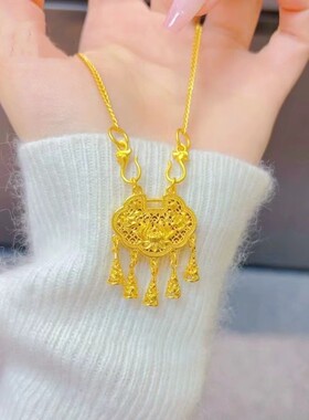 铜合金项链 古法新中式国潮风铃同心莲流苏锁镂空平安锁吊坠坠链