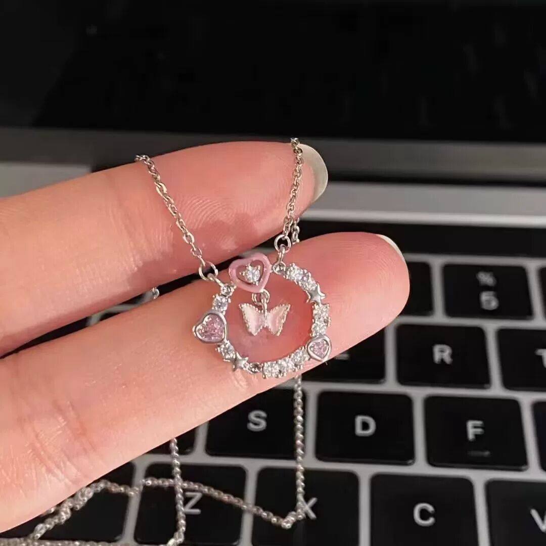 少女心粉色蝴蝶爱心项链女儿童水晶吊坠日韩风锁骨链饰品百搭简约,淘宝优惠券,粉丝福利购,淘宝优惠卷