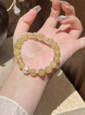 原创设计天然黄发晶手串女珍珠手链黄水晶手串转运珠手饰礼