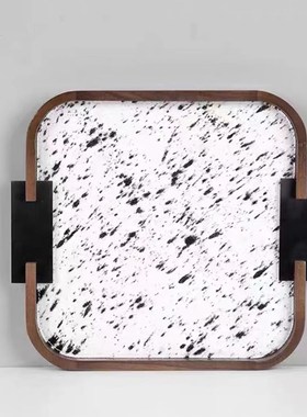 现代简约胡桃木皮革马毛圆形托盘置物创意摆件桌面装饰品样板间