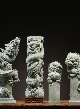 新中式盘龙柱麒麟狮子青砂石茶宠摆件鱼缸造景沉水客厅桌面装饰品