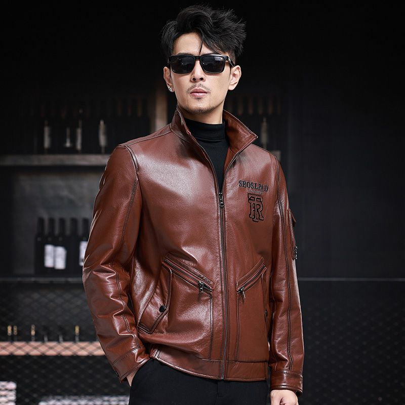 新款海宁短款真皮皮衣男头层牛皮皮夹克机车立翻领红棕色休闲外套 - 图2