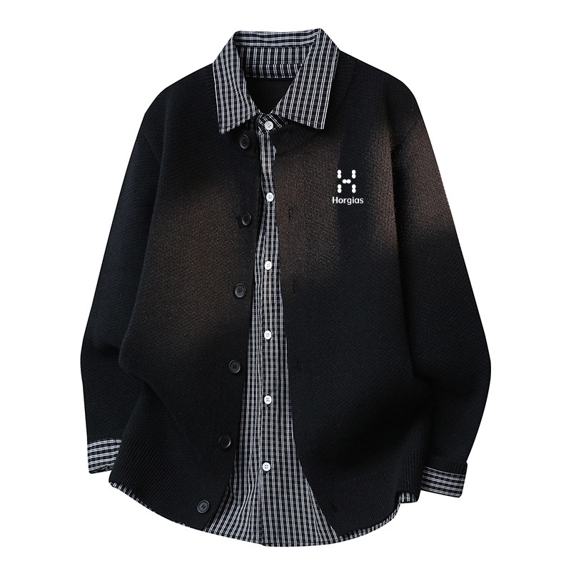 火柴棍山系复古假两件格子拼接衬衫领针织开衫男士宽松毛衣外套潮,淘宝优惠券,粉丝福利购,淘宝优惠卷