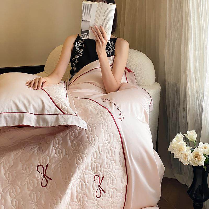 100支全棉四件套简约绗缝花纹蝴蝶结刺绣宽边被套床单双人床品,淘宝优惠券,粉丝福利购,淘宝优惠卷