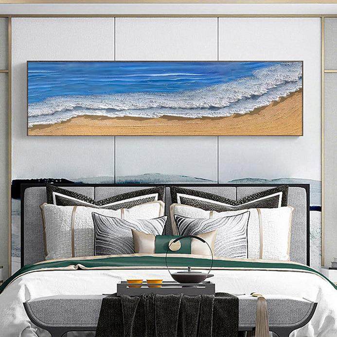 海浪厚肌理石英砂纯手绘油画客厅大幅横幅装饰画蓝色大海卧室挂画,淘宝优惠券,粉丝福利购,淘宝优惠卷