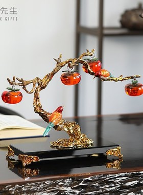 珐琅彩喜上枝头i新中式柿子摆件客厅玄关办公室摆件新婚乔迁礼物