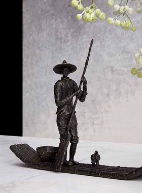 现代新中式仿古铜渔夫划船人物雕塑摆G件茶室客厅办公室陶瓷插花