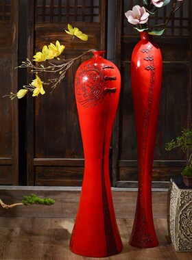 新中式软装红色花瓶客厅插花w长枝高端电视柜旁边落地摆件茶室装