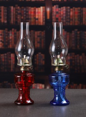 复古加厚玻d璃农村老式煤油灯桌面摆件怀旧老物件露营小夜灯装饰