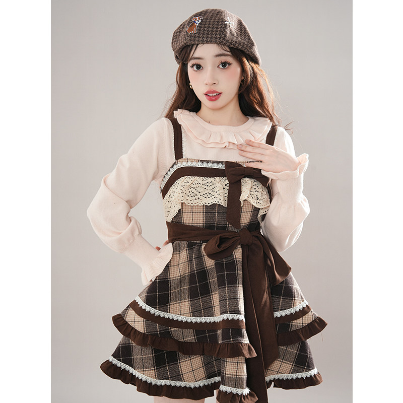 咖色格子夹棉斗篷连帽毛呢保暖披风女+咖格蛋糕裙+粉杏花边上衣,淘宝优惠券,粉丝福利购,淘宝优惠卷