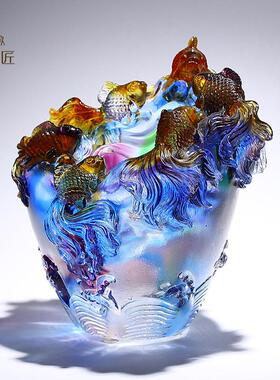 好运连连金鱼缸琉璃聚宝盆摆件招财客厅家居装饰品搬新家乔迁礼物