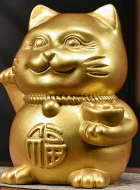 金色实木雕刻招财猫摆件家居客厅店铺前台收银台开业吉祥聚财装饰