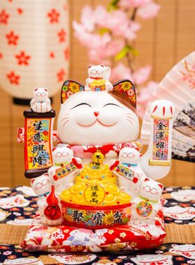 12寸陶瓷招财猫电池插电两用自动摇手工艺品家居摆件乔迁礼品0842