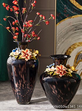 轻奢艺术玻璃花瓶简约插花花器摆设工艺陶瓷花盆家居饰品两件套