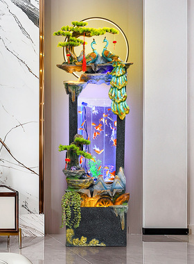 孔雀鱼缸招财客厅电视柜旁装饰假山流水加湿器办公茶室落地摆件