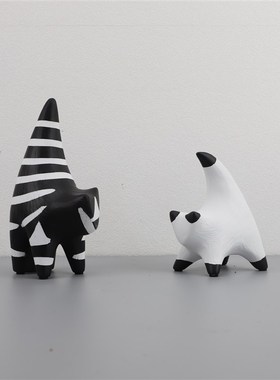 欧式简约树脂黑白条纹平面猫摆件玄关样板间客厅茶几家居软装饰品