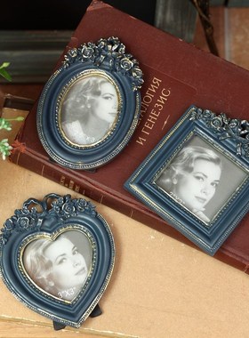 复古做旧蓝色树脂玫瑰欧式创意床头柜相框架照片摆台怀.旧装饰摆