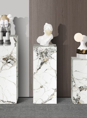 白色大理石底座客厅摆件玄关岩板电视柜旁落地石柱花架石墩雕塑台