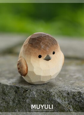 纯手工木雕小肥啾迷你电脑桌面摆件治愈麻雀奶油风小鸟装饰礼物