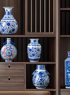 景德镇仿古青花瓷花瓶中式家居客厅玄关博古架装饰品插花陶瓷摆件