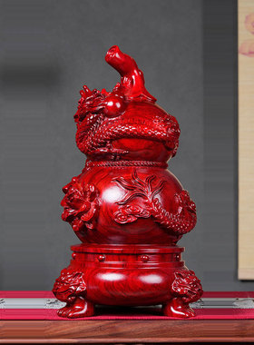 红花梨木葫芦摆件富贵祥龙盘葫芦家居玄关客厅福禄装饰送礼工艺品