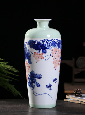 景德镇陶瓷花瓶细口瓶手绘青花釉里红家居客厅装饰工艺品摆件礼品