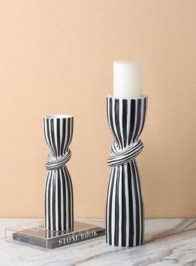 现简约黑白条纹扭结烛台摆件创意家居软装饰品客厅餐桌样板间