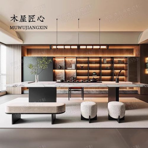 中式实木茶桌椅组合现代轻奢岩板茶台别墅茶室高端泡茶桌家具定制 - 图0