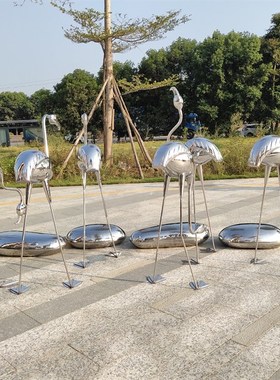 不锈钢火烈鸟雕塑乡村别墅广场户外城市丹顶鹤抽象动物小品艺术摆