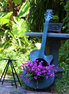 阳台花园户外装饰创意店门口布置吉他花盆复N古做旧琴园艺景观摆