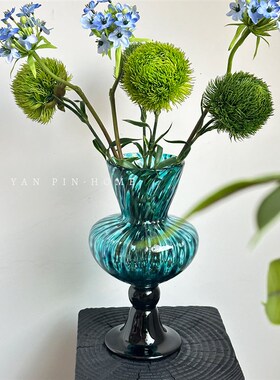 蓝色玳高琉璃手工摆脚风灯花瓶客厅桌面装饰瑁件中古复古插花花器