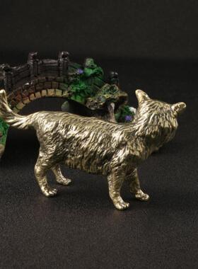 仿古玩做旧大猫狐狸猫黄铜摆件手把件动物茶宠古董店装饰铜工艺品