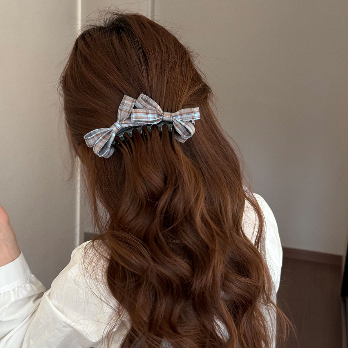 韩系甜美百搭粉立体格纹双蝴蝶结香蕉夹女2026新款高马尾发夹,淘宝优惠券,粉丝福利购,淘宝优惠卷